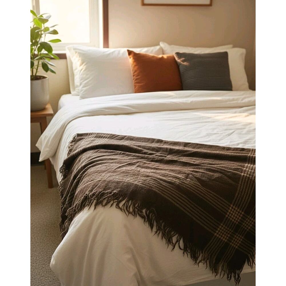 Vtg‎ Brown Wool Rustic Cozy Home Decor Fringe Bedding Throw Blanket 60"x60"